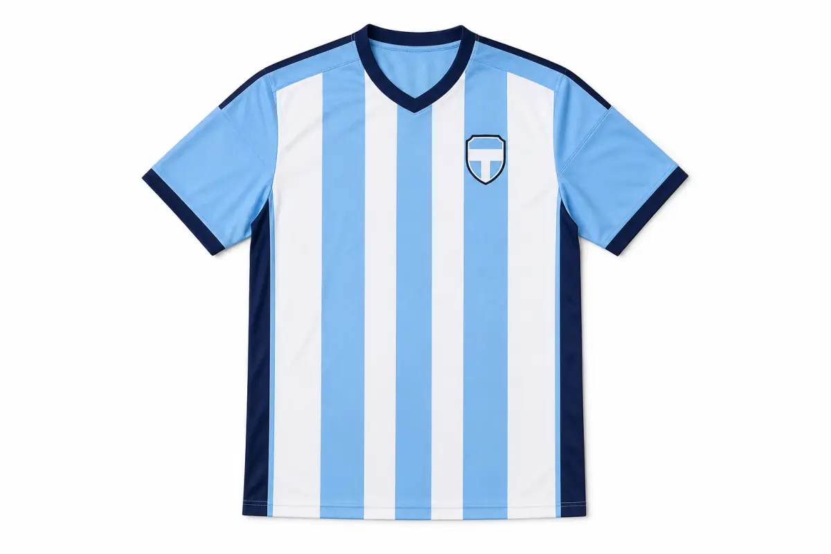 Sky-blue and white Argentina-inspired football jersey with navy trim on a plain white background