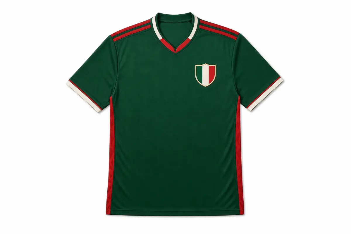 Forest-green Mexico-inspired football jersey with red and off-white trim on a plain white background