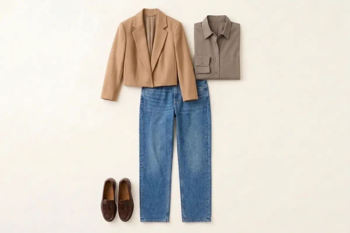 Blazer corto cammello e camicia tortora piegata sopra jeans blu medio, con mocassini marrone scuro su un fondo avorio caldo