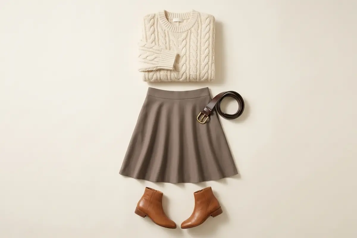 Maglione a trecce panna sopra una gonna a trapezio tortora, con stivaletti color cuoio e una cintura marrone scuro su un fondo avorio caldo