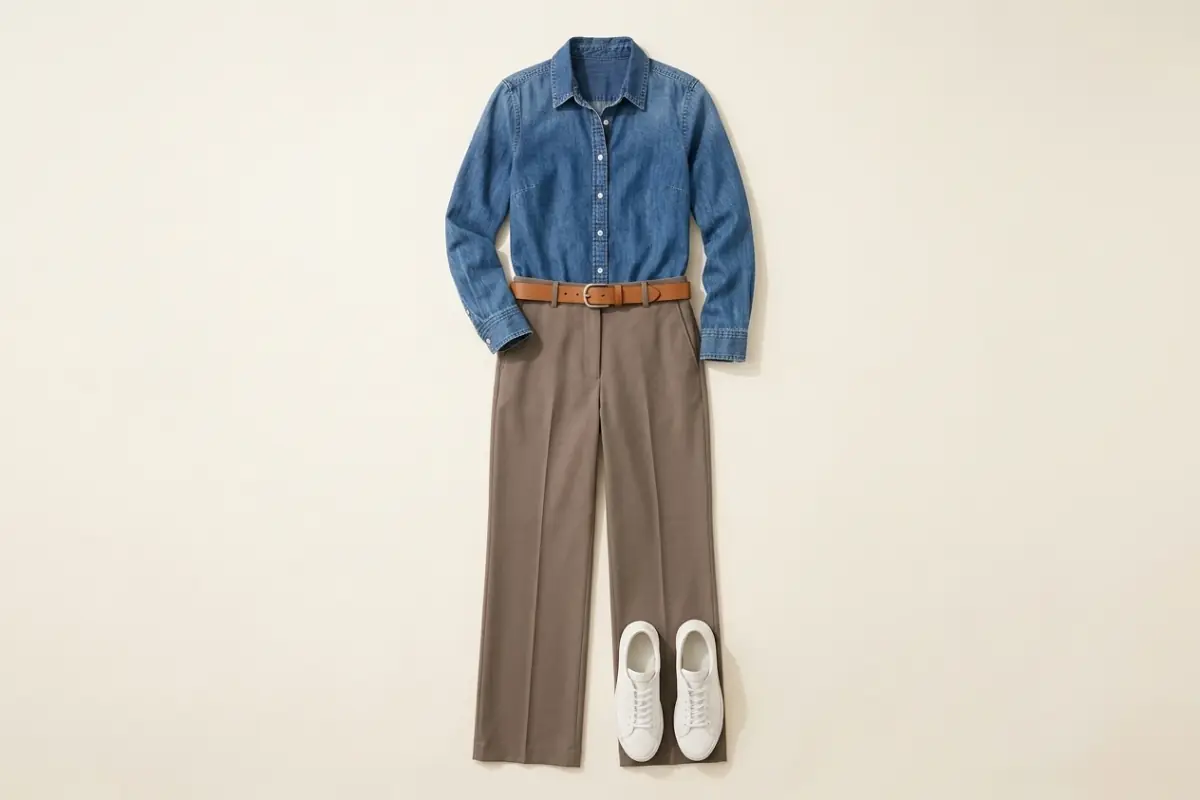 Camicia di jeans a lavaggio medio sopra pantaloni tortora a gamba larga, con sneaker bianche e una cintura in pelle color cuoio su un fondo avorio caldo