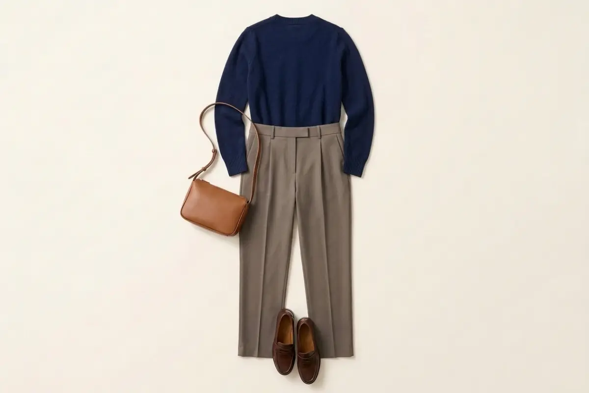 Maglione blu navy sopra pantaloni sartoriali tortora, con mocassini marrone scuro e una piccola borsa color cuoio su un fondo avorio caldo