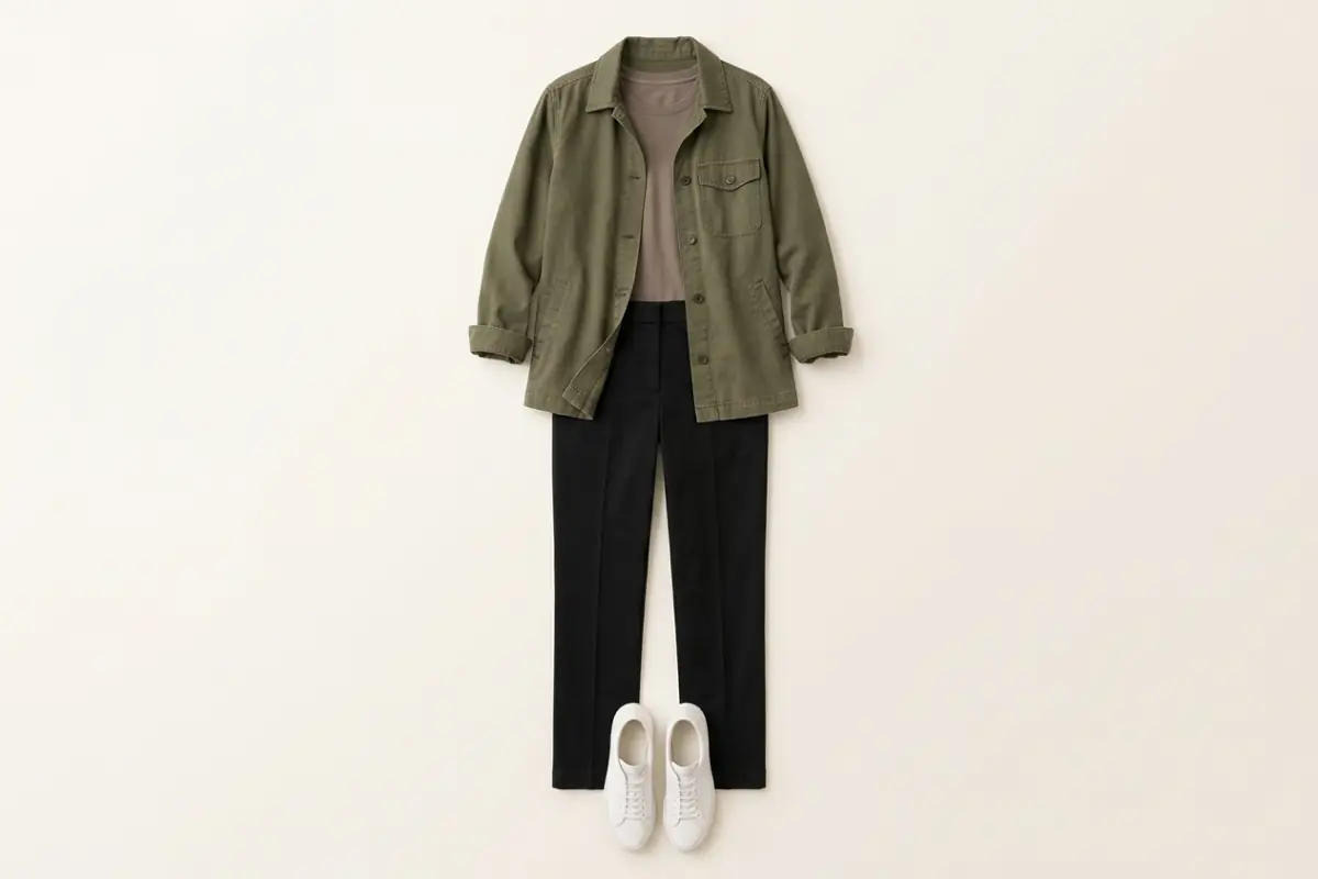 Sovracamicia verde oliva sopra una t-shirt tortora, con pantaloni neri dritti e sneaker bianche in pelle su un fondo avorio caldo