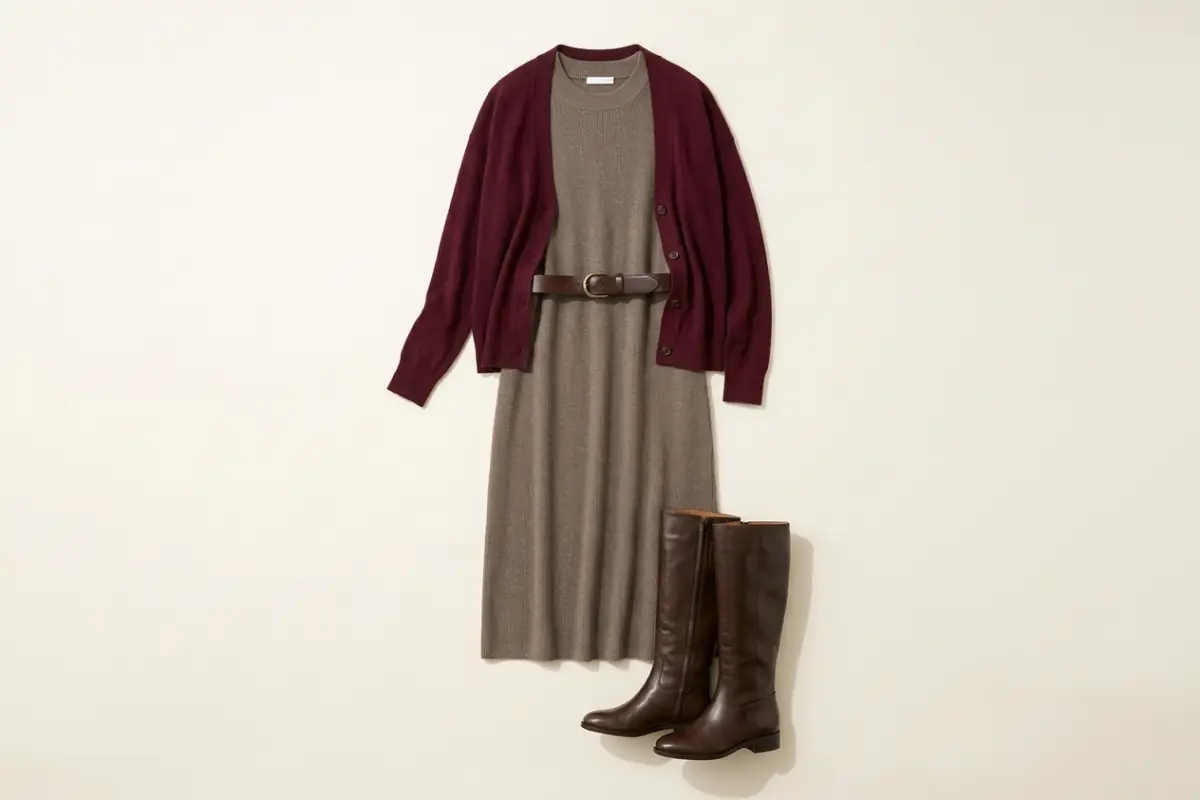 Abito midi in maglia tortora con un cardigan bordeaux, stivali al ginocchio marrone scuro e una cintura marrone scuro su un fondo avorio caldo