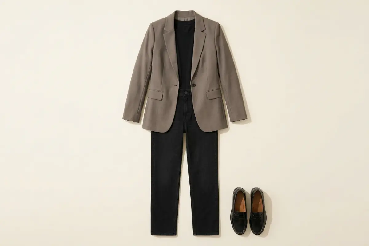 Blazer tortora sopra una t-shirt nera, con jeans neri a gamba dritta e mocassini neri in pelle su un fondo avorio caldo