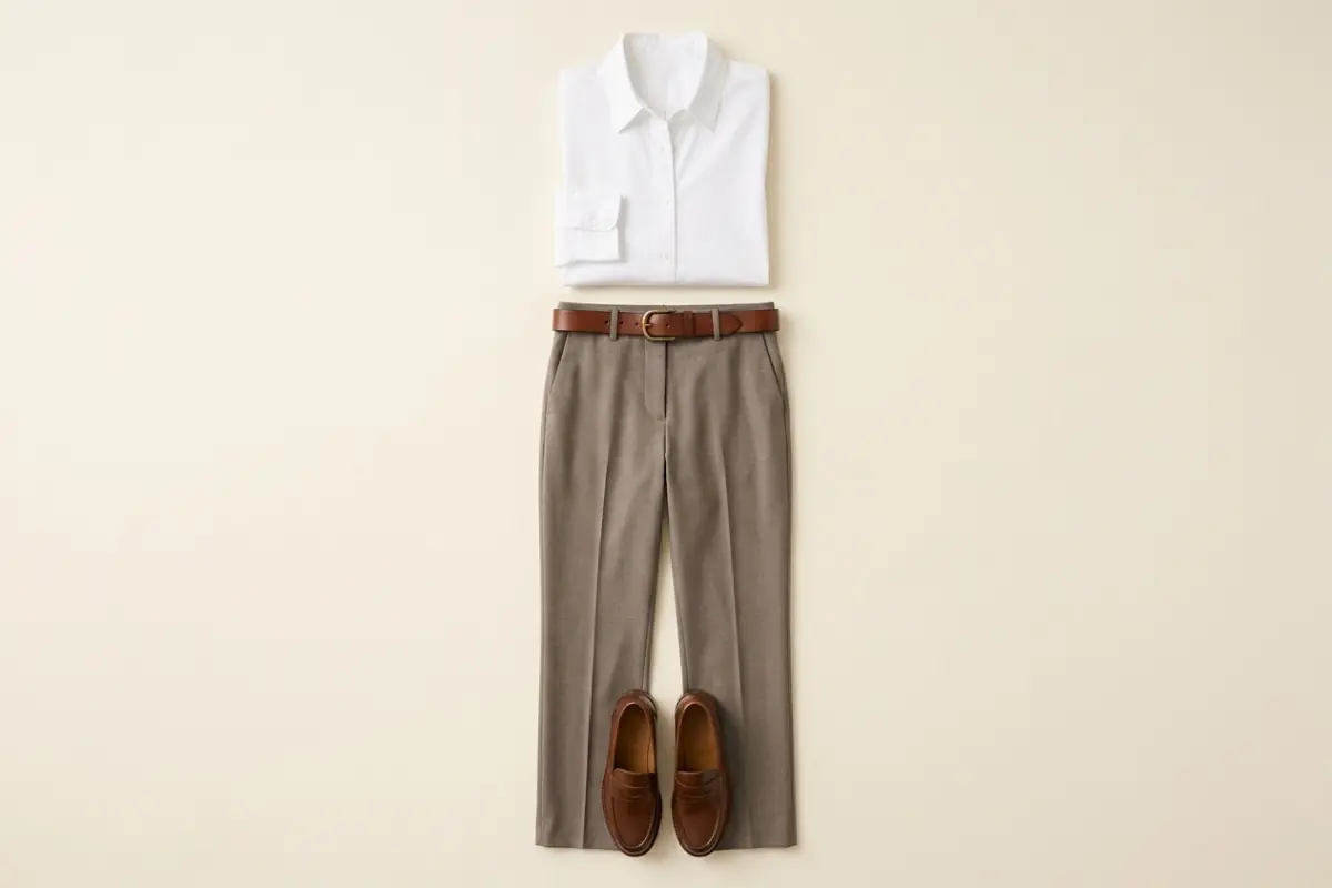 Camicia bianca piegata sopra pantaloni tortora a gamba dritta, con una cintura in pelle marrone e mocassini in pelle marrone su un fondo avorio caldo